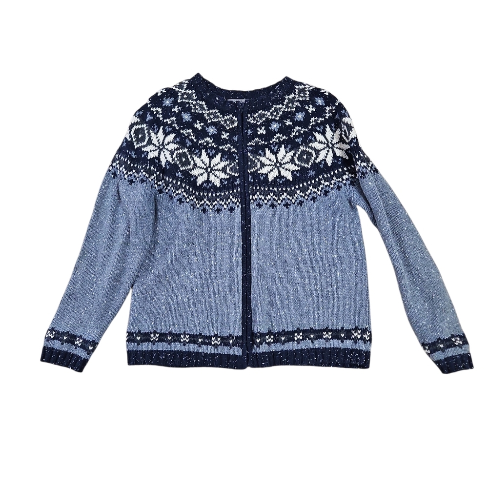 Eddie Bauer Womens Blue Knit Vintage Zip Up Sweater Size M Snowflake Winter - Picture 2 of 9
